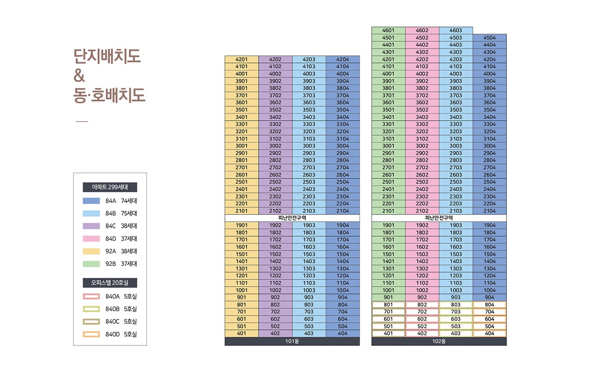 아산 벨코어 스위첸 동·호수 배치도 — 101동 4~42층 · 102동 4~46층 · 주택형별 색 구분