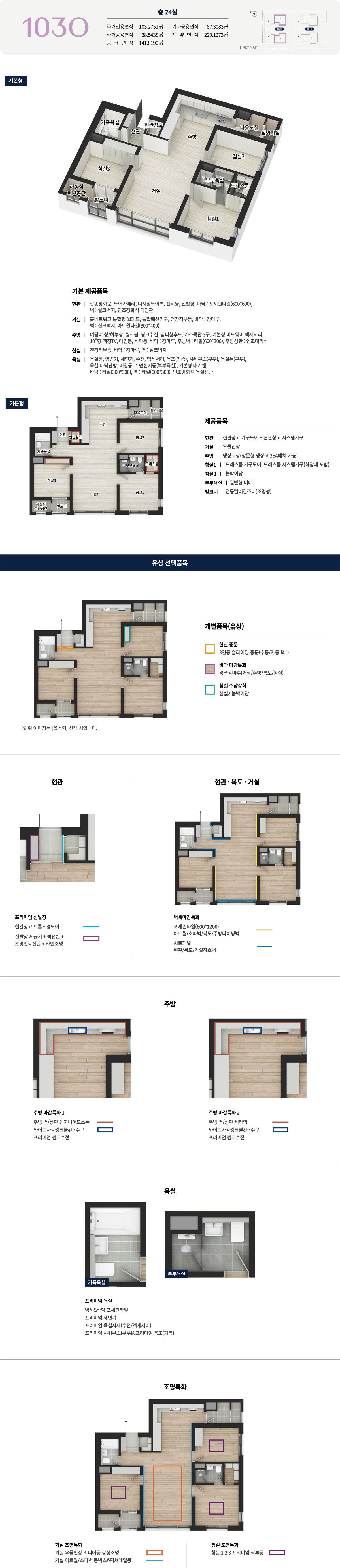 대전 경남아너스빌 센텀스카이 오피스텔 103㎡O 평면 상세 — 141.8190㎡ · 24실 · 확장형·기본형 평면과 기본 제공품목, 유상 선택품목, 인테리어·조명특화