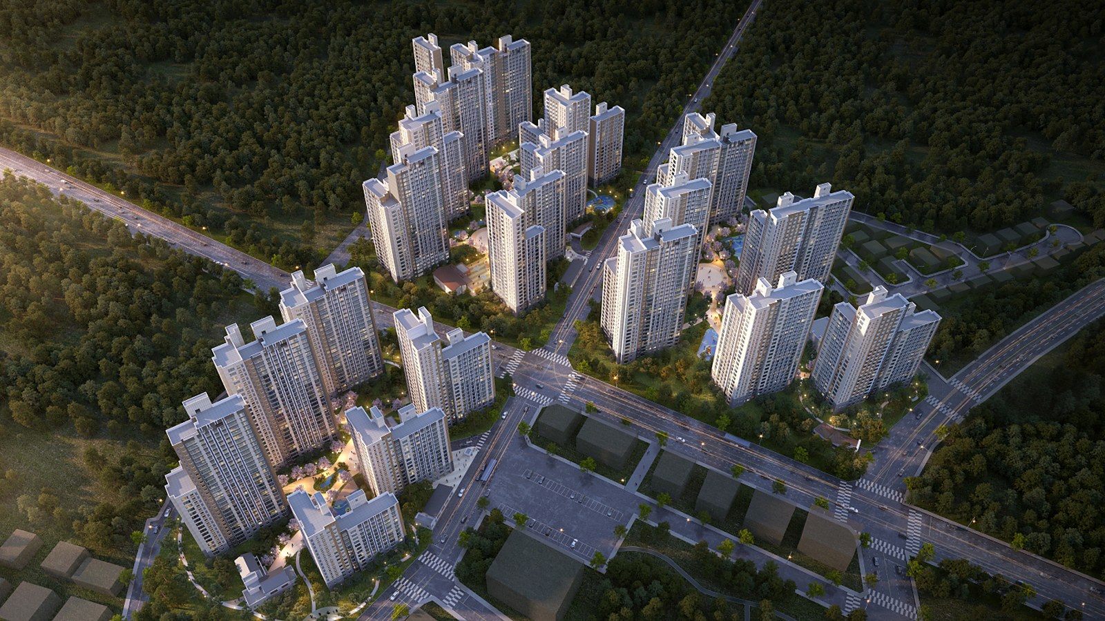 컬리넌 청주 단지 야간 조감도 — 1,497세대 대단지
