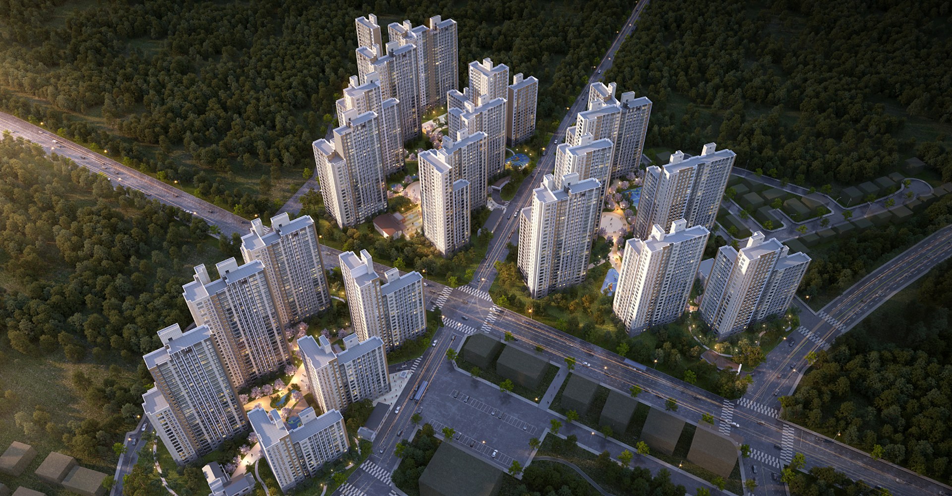 컬리넌 청주 컬리넌 청주 단지 야간 조감도 — 1BL 17개동 1,497세대