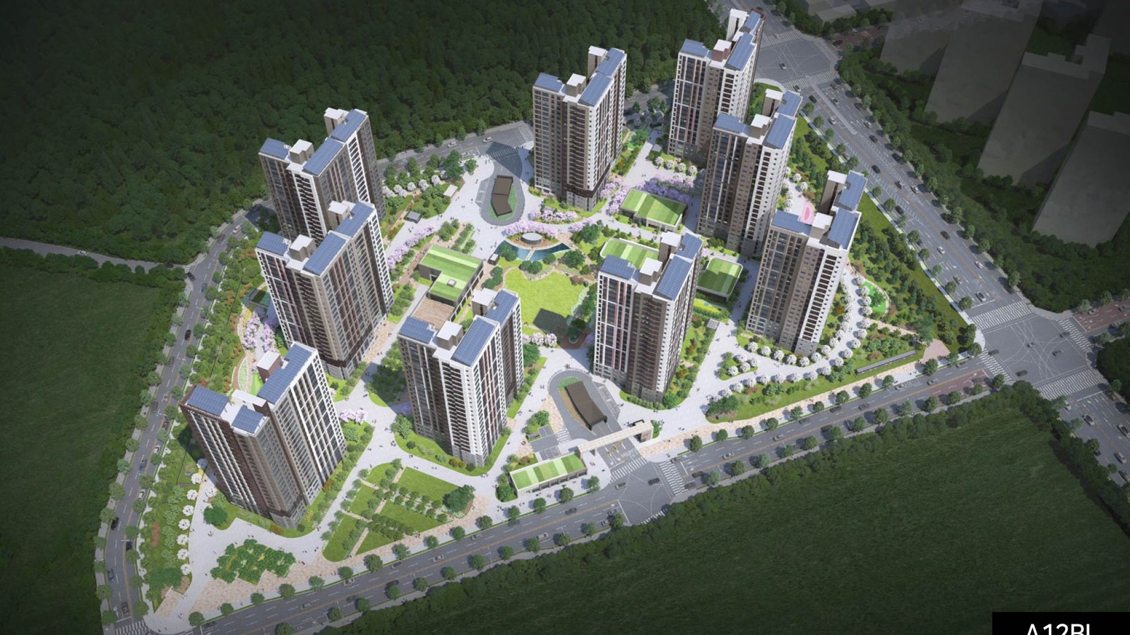 힐스테이트 고덕엘리스트 A12BL 단지 조감도 — 9개동 942세대