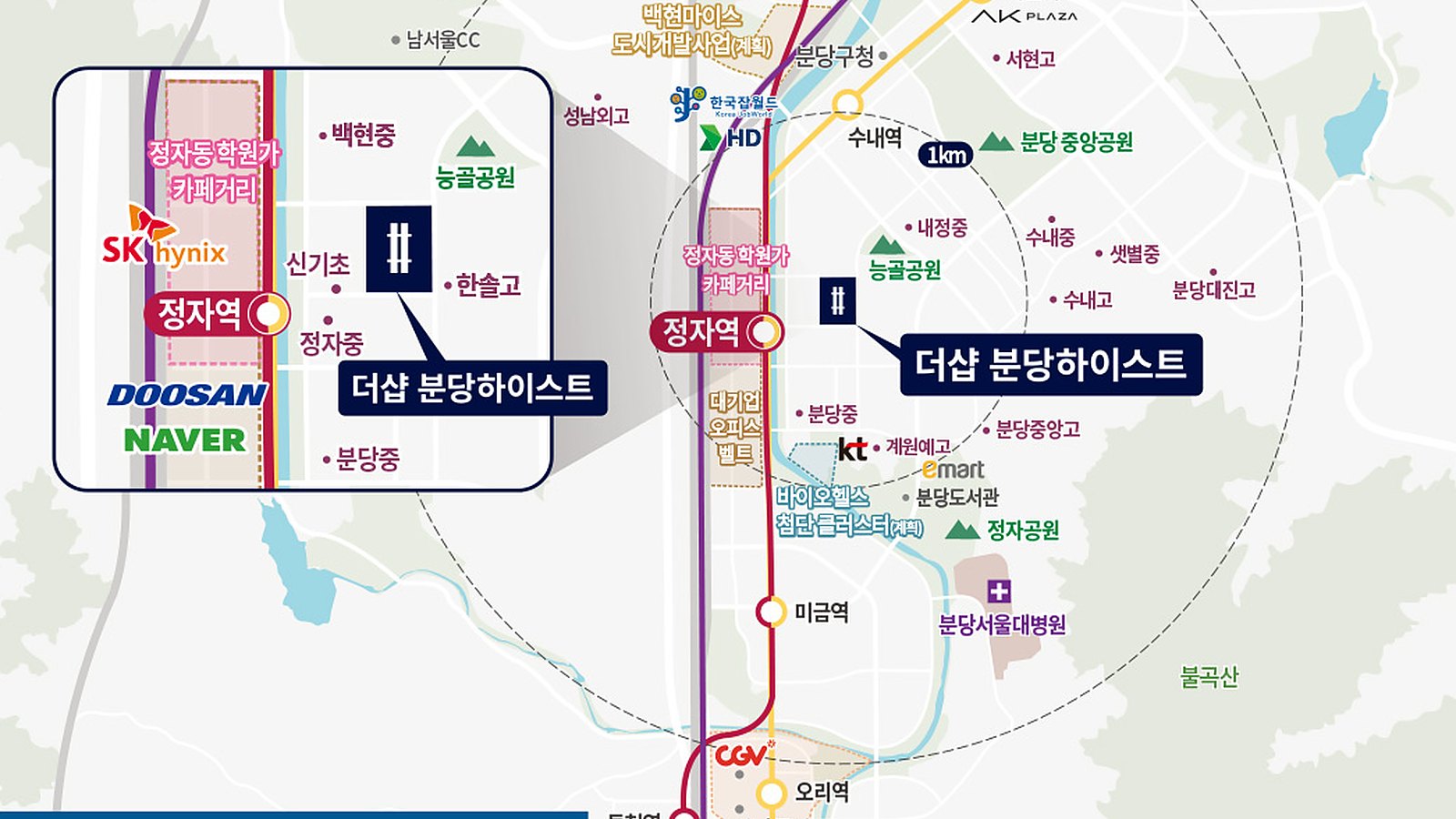 더샵 분당하이스트 입지환경 — 정자역·신기초·정자동 오피스벨트