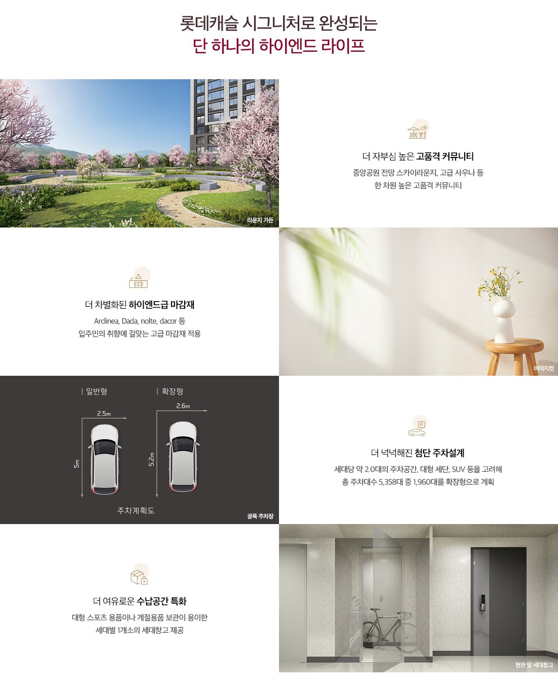중앙공원 롯데캐슬 시그니처 고품격 커뮤니티 · 하이엔드 마감재 · 첨단 주차설계 · 수납공간 특화 안내