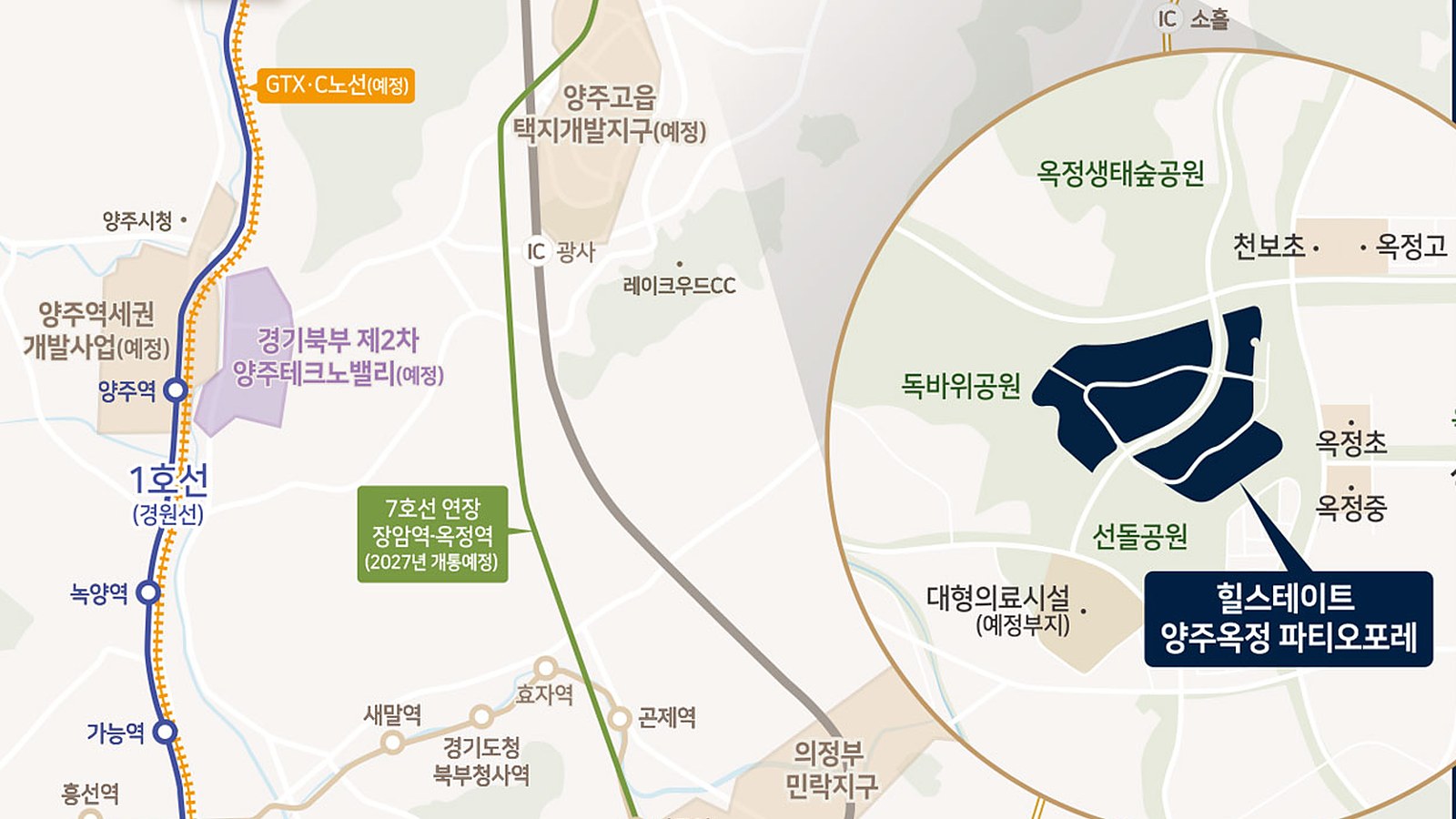 힐스테이트 양주옥정 파티오포레 생활권 입지도 — 옥정초 · 옥정중 · 선돌공원 · 상업지구