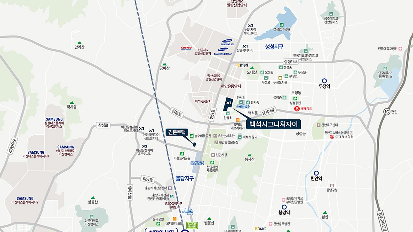 백석시그니처자이 입지환경 — 불당·백석 생활권과 산업단지