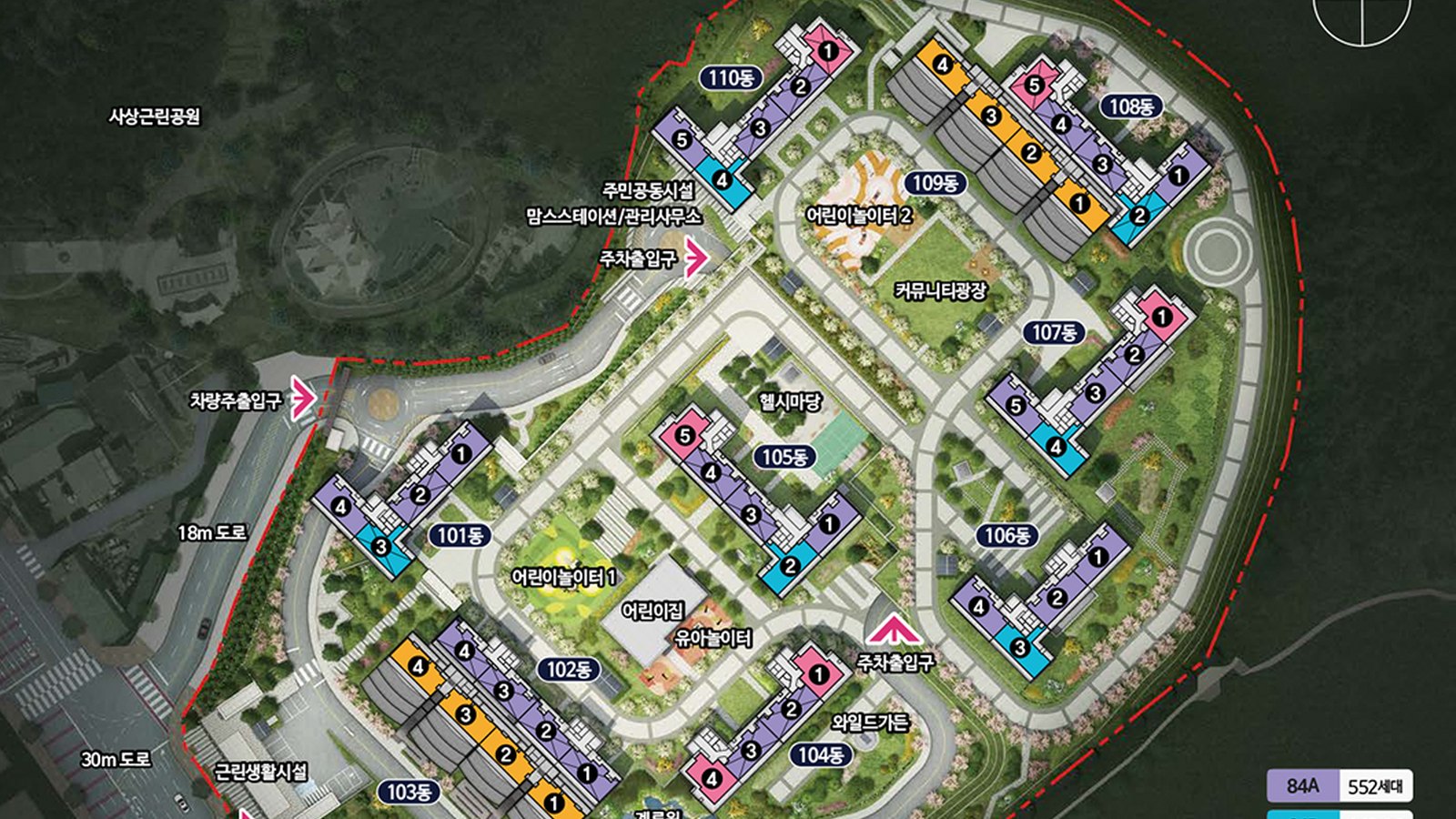 더파크 비스타동원 단지 배치도 — 10개동 852세대와 사상근린공원 연결로